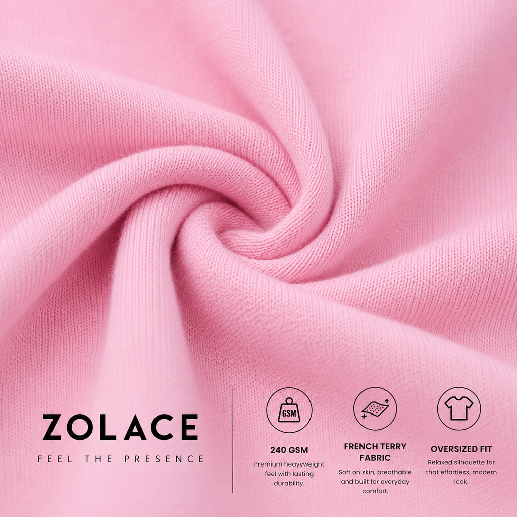 ZOLACE Oversized Pink T-Shirt for Men | 240 GSM French Terry | Premium Heavyweight Crew Neck