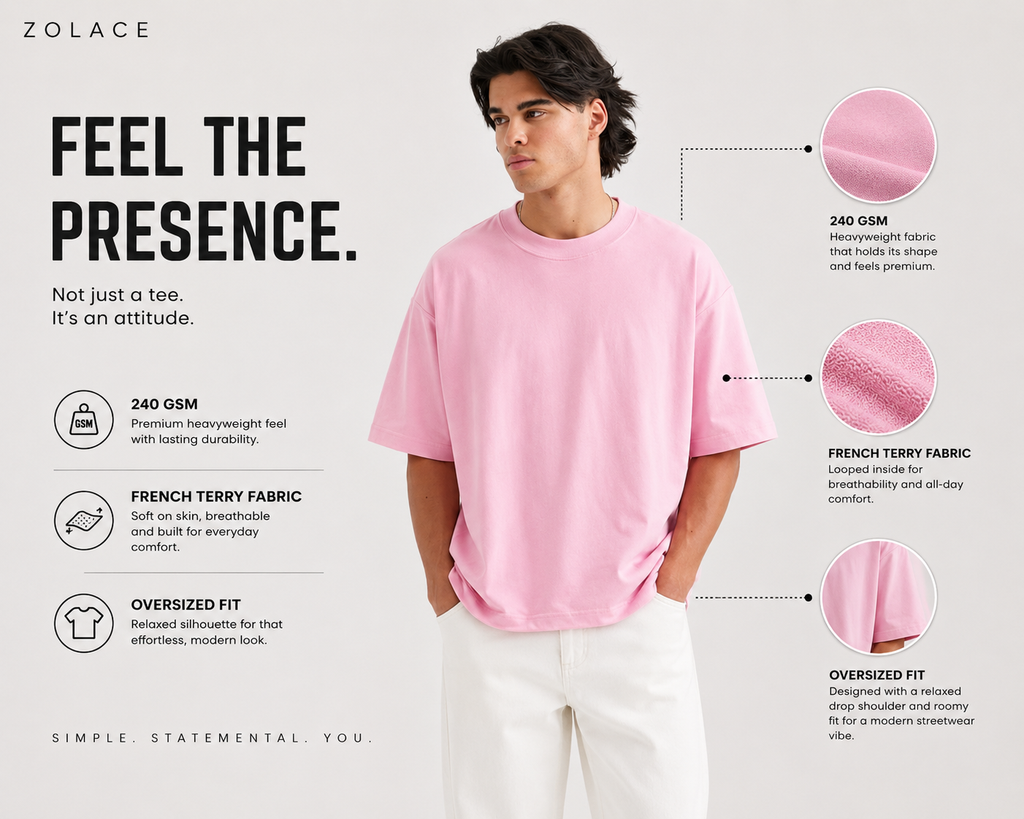 ZOLACE Oversized Pink T-Shirt for Men | 240 GSM French Terry | Premium Heavyweight Crew Neck