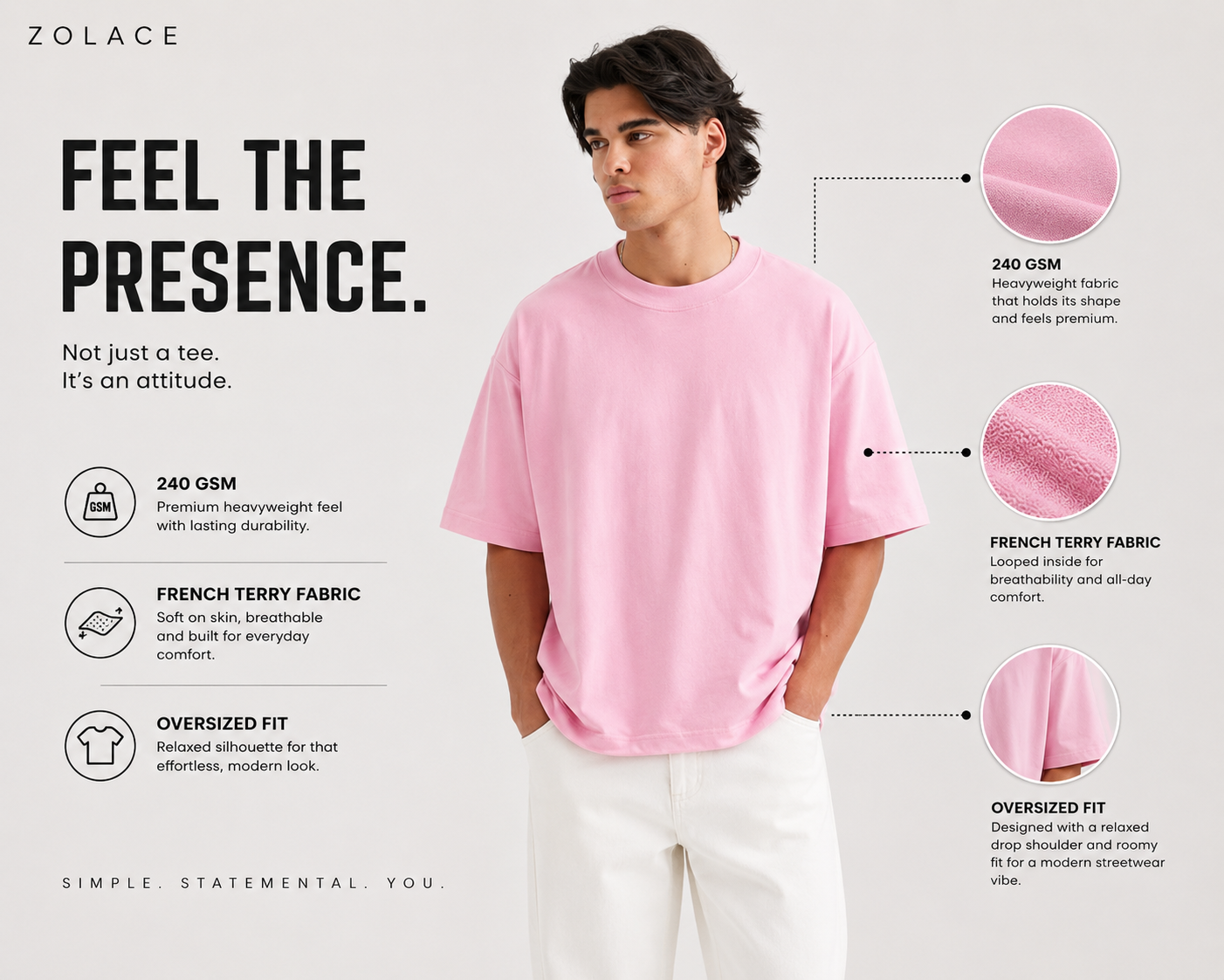 ZOLACE Oversized Pink T-Shirt for Men | 240 GSM French Terry | Premium Heavyweight Crew Neck
