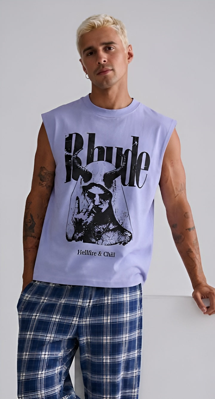 Men’s Oversized Sleeveless Graphic Tee – Devil Print | Drop Shoulder Street Style| Style with Jeans, Cargos & Shorts