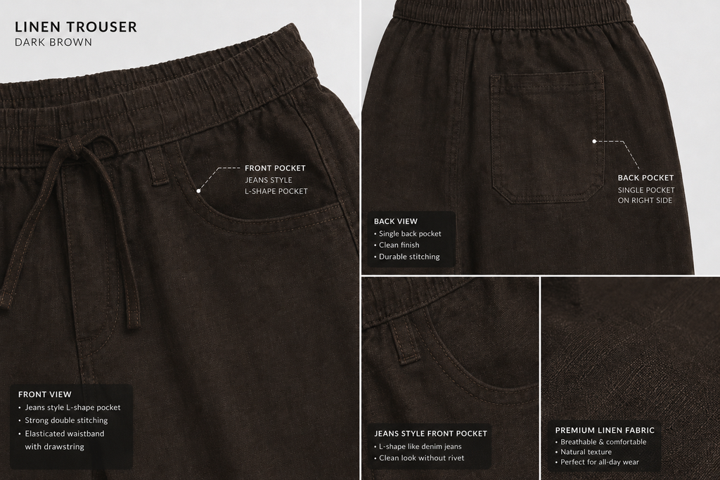 Dark Brown Linen Trouser for Men | Relaxed Fit | Elastic Waist | Premium Breathable Fabric
