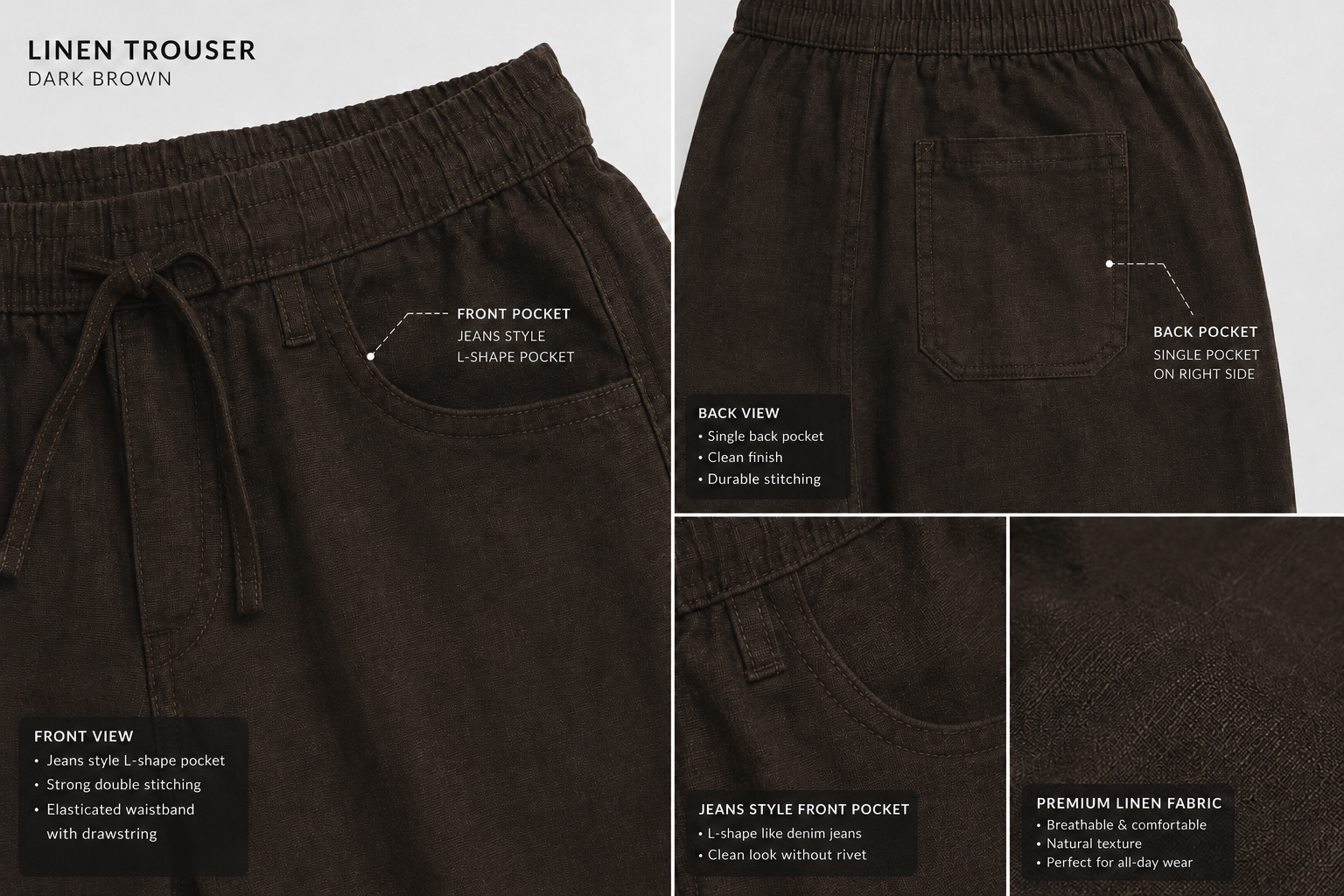 Dark Brown Linen Trouser for Men | Relaxed Fit | Elastic Waist | Premium Breathable Fabric
