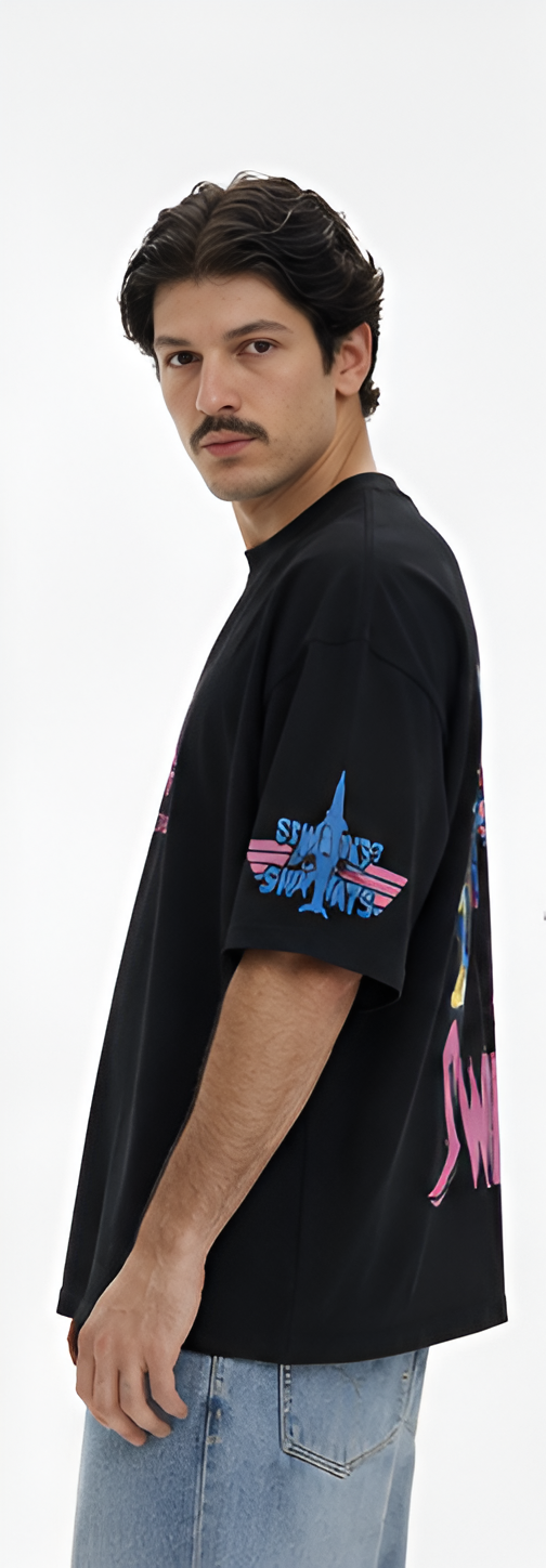 ZOLACE Oversized Drop Shoulder Graphic T-Shirt – SWAT KATS Print | Unisex Streetwear Tee