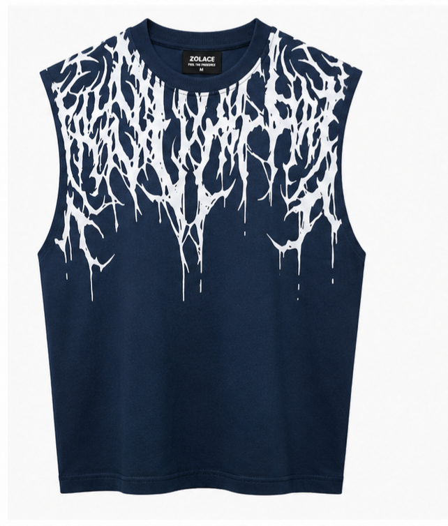 ZOLACE Navy Graphic Drop Shoulder Tank Top – Less Noise More Presence Edition